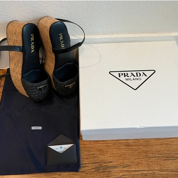 Prada Wood/Wicker Platform Sandals - Picture 1 of 6
